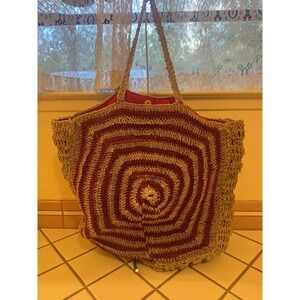 Chloe & Lex Woven Straw Tote Bag Red Tan Raffia Beach‎ Travel Shopper